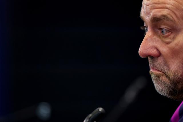 Barcelona's German coach Hans-Dieter Flick gives a press conference on the eve of the Spanish league football match between FC Barcelona and Real Madrid CF at Camp Nou Stadium in Barcelona on May 9, 2026. (Photo by Lluis GENE / AFP)