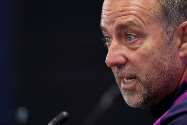 Barcelona's German coach Hans-Dieter Flick gives a press conference on the eve of the Spanish league football match between FC Barcelona and Real Madrid CF at Camp Nou Stadium in Barcelona on May 9, 2026. (Photo by Lluis GENE / AFP)