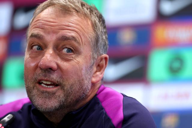 Barcelona's German coach Hans-Dieter Flick gives a press conference on the eve of the Spanish league football match between FC Barcelona and Real Madrid CF at Camp Nou Stadium in Barcelona on May 9, 2026. (Photo by Lluis GENE / AFP)