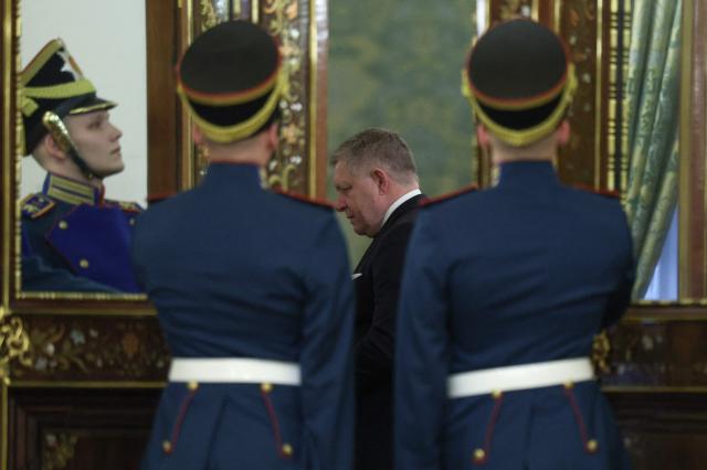Slovak Prime Minister Robert Fico attends a meeting with Russian President in Moscow on May 9, 2026. (Photo by Ramil Sitdikov / POOL / AFP)