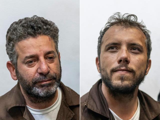 (COMBO) This combination of file pictures created on May 9, 2026 shows Spanish activist Saif Abu Keshek (L) and Brazil's activist Thiago Avila arriving in court, in the Israeli coastal city of Ashkelon on May 5, 2026. Israel will release the two foreign activists taken off a Gaza-bound flotilla from detention on May 9, 2026, before handing them to immigration authorities ahead of their deportation, the rights group representing them said. The pair were among dozens of activists aboard a Gaza-bound flotilla intercepted by Israeli forces off the coast of Greece early on April 30. (Photo by ilia YEFIMOVICH / AFP)