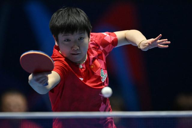 China's Sun Yingsha plays against Romania's Elizabeta Samara during their Women's Teams semi-final match at the ITTF World Table Tennis Championships in Wembley Arena, west London on May 9, 2026. (Photo by Glyn KIRK / AFP)