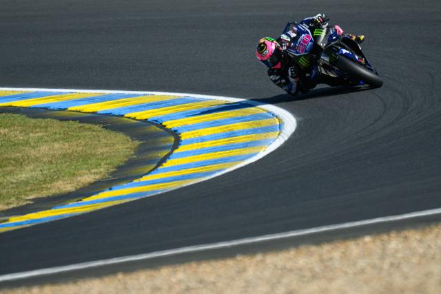 Monster Energy Yamaha MotoGP's French rider Fabio Quartararo corners during the qualifying session of the Moto GP Grand Prix of France at Le Mans, northwestern France, on May 9, 2026. (Photo by Loic VENANCE / AFP)