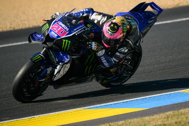 Monster Energy Yamaha MotoGP's French rider Fabio Quartararo corners during the qualifying session of the Moto GP Grand Prix of France at Le Mans, northwestern France, on May 9, 2026. (Photo by Loic VENANCE / AFP)