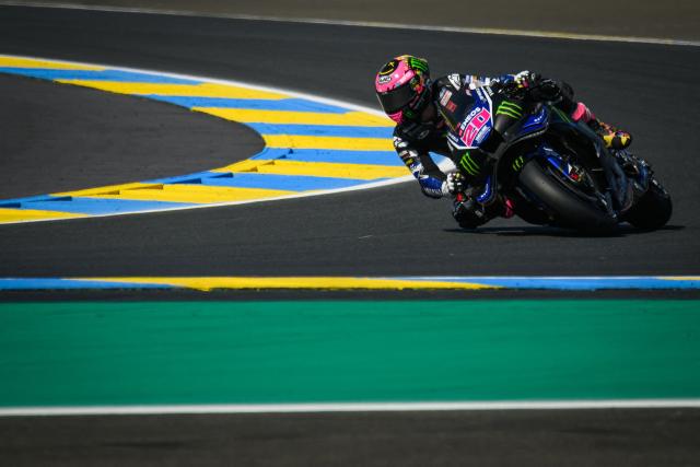Monster Energy Yamaha MotoGP's French rider Fabio Quartararo corners during the qualifying session of the Moto GP Grand Prix of France at Le Mans, northwestern France, on May 9, 2026. (Photo by Loic VENANCE / AFP)