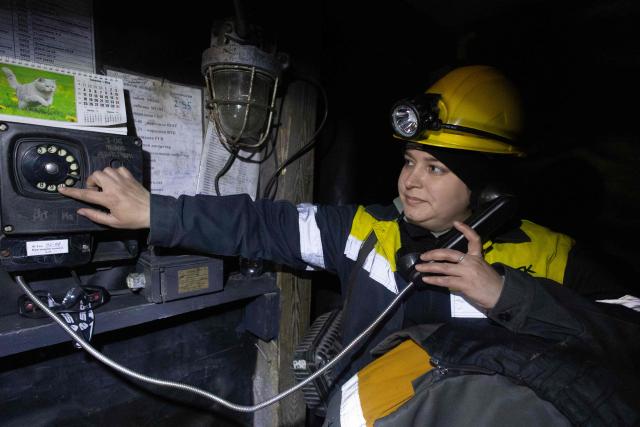 Intern Olha undergoes training in order to get a job at a coal mine operated by Ukrainian energy provider DTEK at an undisclosed location in the Dnipropetrovsk region on May 5, 2026, amid the Russian invasion of Ukraine. (Photo by Serhii Okunev / AFP)