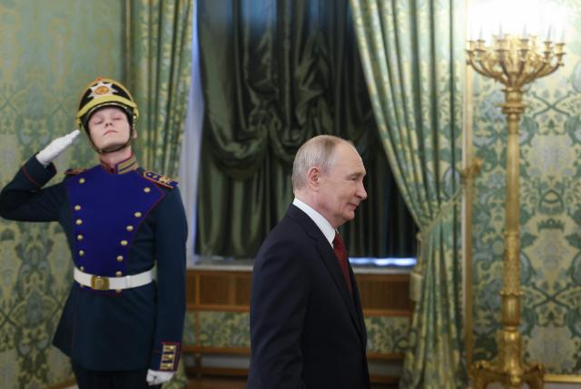 Russia's President Vladimir Putin attends a meeting with Malaysia's King Sultan Ibrahim (not pictured) at the Kremlin in Moscow on May 9, 2026. (Photo by MAXIM SHIPENKOV / POOL / AFP)