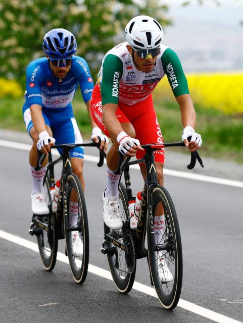 Team Polti VisitMalta Italian rider Mirco Maestri (R) rides in a breakaway with Team Polti VisitMalta Spanish rider Diego Sevilla wearing the best climber's blue jersey (Maglia Azzura) during the 2nd stage of the Giro d'Italia 2026 - Tour of Italy cycling race between Burgas and Veliko Tarnovo, Bulgaria, on May 9, 2026. (Photo by Luca Bettini / AFP)