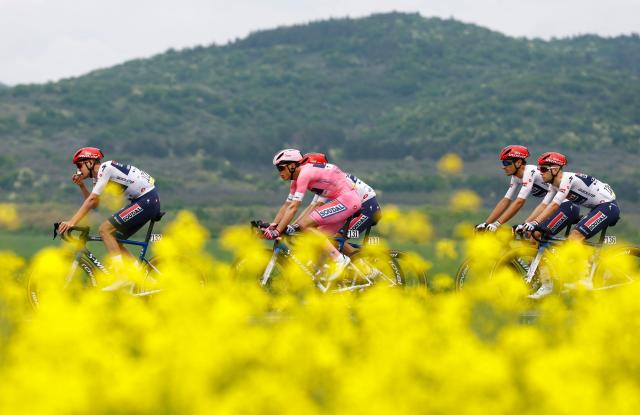 Soudal Quick-Step French rider Paul Magnier wearing the overall leader's pink jersey (Maglia Rosa) rides during the 2nd stage of the Giro d'Italia 2026 - Tour of Italy cycling race between Burgas and Veliko Tarnovo, Bulgaria, on May 9, 2026. (Photo by Luca Bettini / AFP)