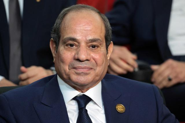 Egyptian counterpart Abdel Fattah al-Sisi looks on during the inauguration ceremony of the new Senghor University campus also attended by the French President (unseen) in Borg el-Arab, near in the Mediterranean coastal city of Alexandria on May 9, 2026. (Photo by Ludovic MARIN / AFP)