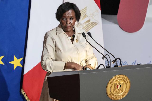 Secretary General of the Organisation internationale de la Francophonie Louise Mushikiwabo gives an address during the inauguration ceremony of the new Senghor University campus in Borg el-Arab, near in the Mediterranean coastal city of Alexandria on May 9, 2026. (Photo by Ludovic MARIN / AFP)