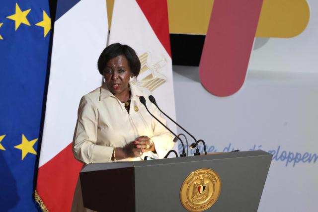 Secretary General of the Organisation internationale de la Francophonie Louise Mushikiwabo gives an address during the inauguration ceremony of the new Senghor University campus in Borg el-Arab, near in the Mediterranean coastal city of Alexandria on May 9, 2026. (Photo by Ludovic MARIN / AFP)