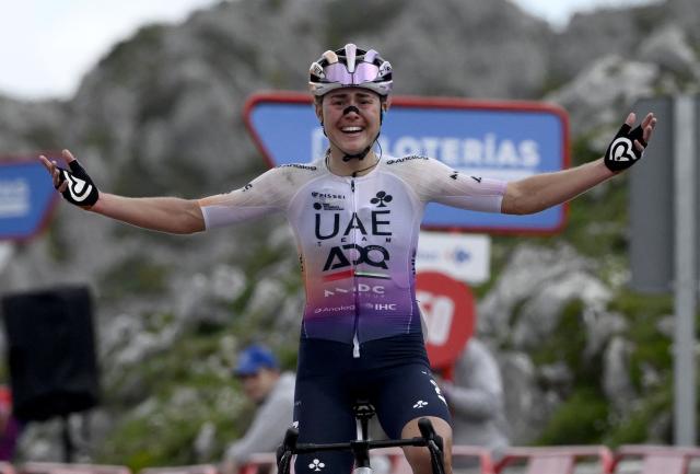 Overall leader team UAE ADQ's Spanish rider Paula Blasi Cairol celebrates winning the 2026 La Vuelta Femenina cycling tour of Spain, at Alto de l'Angliru, on May 9, 2026. (Photo by Miguel RIOPA / AFP)