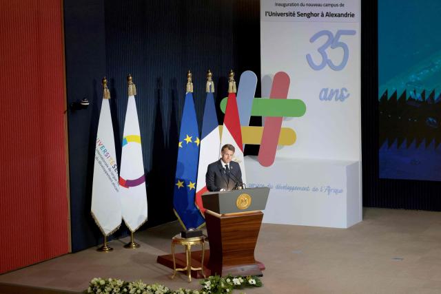 France's President Emmanuel Macron addresses the guests during the inauguration ceremony of the new Senghor University campus in Borg el-Arab, near in the Mediterranean coastal city of Alexandria on May 9, 2026. France's President Emmanuel Macron on May 9, embarked on a visit to Africa aimed at renewing France's engagement with the continent after years of strained ties with former French speaking colonies, also travelling to Egypt, Ethiopia and Kenya. (Photo by Ludovic MARIN / AFP)