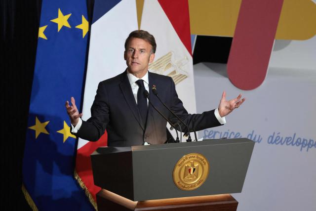 France's President Emmanuel Macron addresses the guests during the inauguration ceremony of the new Senghor University campus in Borg el-Arab, near in the Mediterranean coastal city of Alexandria on May 9, 2026. France's President Emmanuel Macron on May 9, embarked on a visit to Africa aimed at renewing France's engagement with the continent after years of strained ties with former French speaking colonies, also travelling to Egypt, Ethiopia and Kenya. (Photo by Ludovic MARIN / AFP)