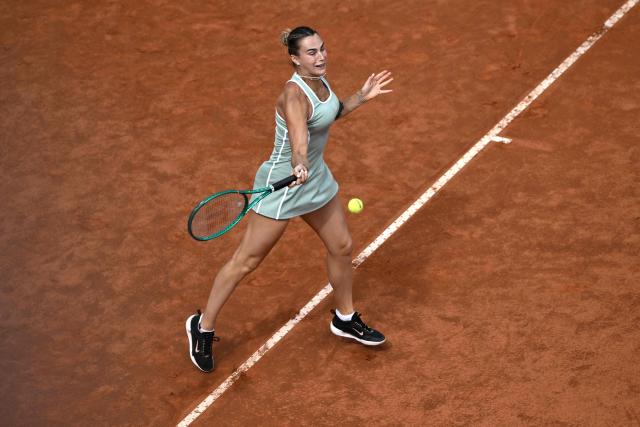Belarus' Aryna Sabalenka hits a return to Romania's Sorana Cirstea during the WTA Rome Open tennis tournament at Foro Italico in Rome on May 9, 2026. (Photo by Tiziana FABI / AFP)