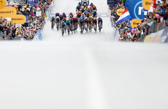 TOPSHOT - XDS Astana Team Uruguayan rider Guillermo Silva leads the sprint during the 2nd stage of the Giro d'Italia 2026 - Tour of Italy cycling race between Burgas and Veliko Tarnovo, Bulgaria, on May 9, 2026. (Photo by Luca Bettini / AFP)