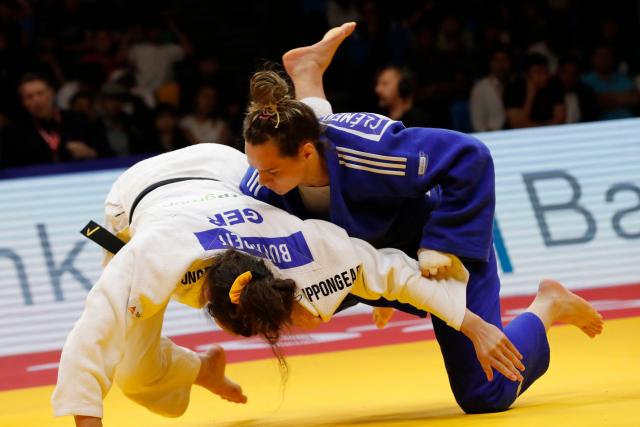 Germany's Miriam Butkereit and France's Clemence Eme compete in the women's under 70 kg final bout at the Astana Grand Slam judo tournament in Astana on May 9, 2026. (Photo by STANISLAV FILIPPOV / AFP)