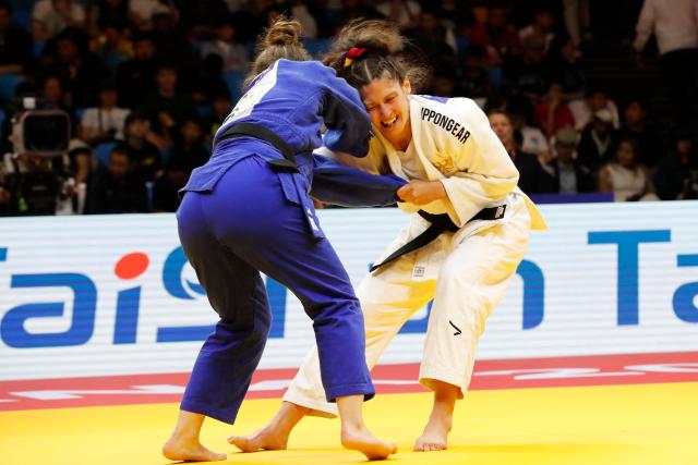 Germany's Miriam Butkereit and France's Clemence Eme compete in the women's under 70 kg final bout at the Astana Grand Slam judo tournament in Astana on May 9, 2026. (Photo by STANISLAV FILIPPOV / AFP)