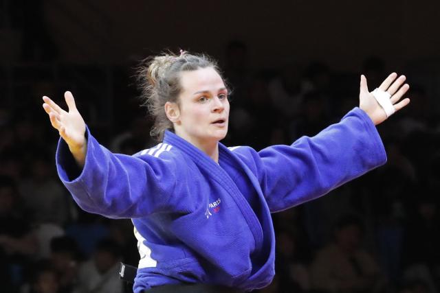 France's Clemence Eme reacts after winning the women's under 70 kg final bout at the Astana Grand Slam judo tournament in Astana on May 9, 2026. (Photo by STANISLAV FILIPPOV / AFP)