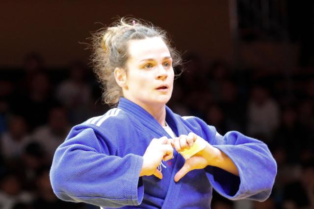 France's Clemence Eme reacts after winning the women's under 70 kg final bout at the Astana Grand Slam judo tournament in Astana on May 9, 2026. (Photo by STANISLAV FILIPPOV / AFP)