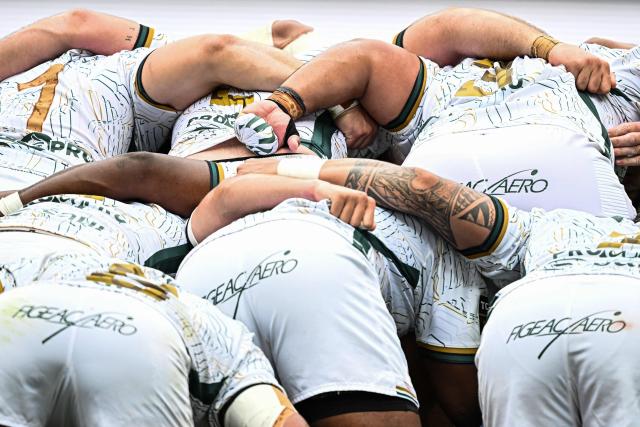 Montauban's players push in a scrum during the French Top 14 rugby union match between Montpellier Herault Rugby and US Montauban at the Septeo Stadium in Montpellier, southern France on May 9, 2026. (Photo by Gabriel BOUYS / AFP)