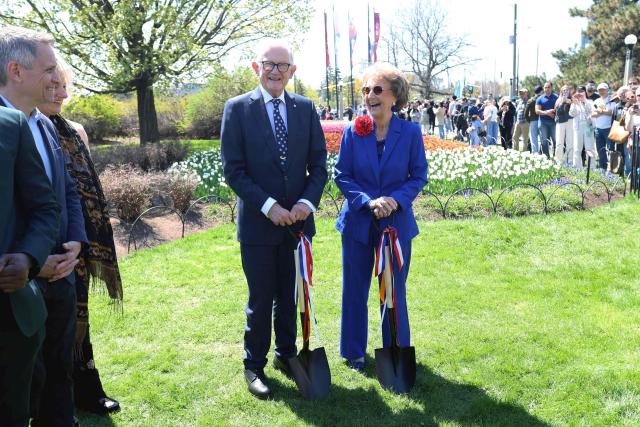 Princess Margriet of the Netherlands and her husband Pieter van Vollenhoven, tour The Canadian Tulip Festival May 9, 2026 in Ottawa, Canada. Princess Margriet, who was born in Ottawa during World War II, is visiting Ottawa until May 11. (Photo by Dave Chan / AFP)