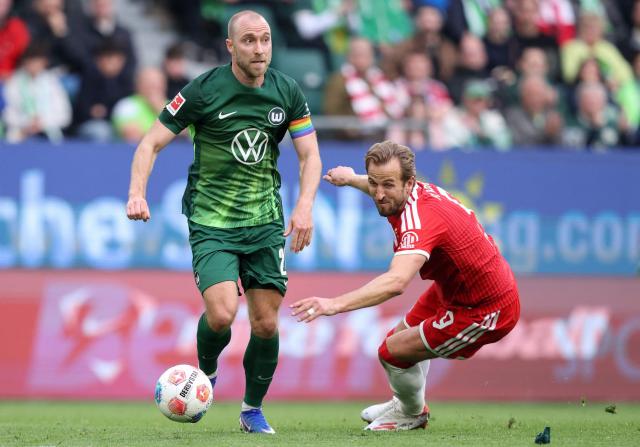 Bayern Munich's English forward #09 Harry Kane (R) and Wolfsburg's Danish midfielder #24 Christian Eriksen vie for the ball during the German first division Bundesliga football match between VfL Wolfsburg and FC Bayern Munich in Wolfsburg, on May 9, 2026. (Photo by Ronny HARTMANN / AFP) / DFL REGULATIONS PROHIBIT ANY USE OF PHOTOGRAPHS AS IMAGE SEQUENCES AND/OR QUASI-VIDEO