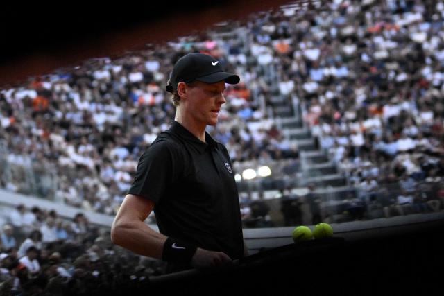 Italy's Jannik Sinner prepares to serve against Austria's Sebastian Ofner during the ATP Rome Open tennis tournament at Foro Italico in Rome on May 8, 2026. (Photo by Tiziana FABI / AFP)