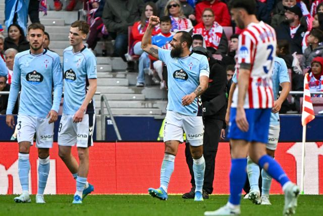 Celta Vigo's Spanish forward #07 Borja Iglesias (C) celebrates scoring his team's first goal during the Spanish league football match between Club Atletico de Madrid and RC Celta de Vigo at the Metropolitano Stadium in Madrid on May 9, 2026. (Photo by Javier SORIANO / AFP)