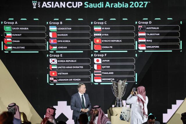 A screen displays the results of the final draw of the 2027 AFC Asian Cup during a ceremony in Diriyah, on the outskirts of Riyadh, on May 9, 2026. The 19th edition of the Asian Cup is scheduled to take place from January 7 to February 5 next year in Saudi Arabia. (Photo by Fayez NURELDINE / AFP)