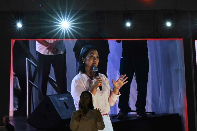 Peru’s presidential candidate for the Fuerza Popular party, Keiko Fujimori, delivers a speech during a campaign rally as part of Mother's Day celebrations in Lima on May 9, 2026. (Photo by Ernesto BENAVIDES / AFP)