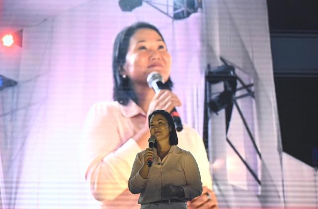 Peru’s presidential candidate for the Fuerza Popular party, Keiko Fujimori, delivers a speech during a campaign rally as part of Mother's Day celebrations in Lima on May 9, 2026. (Photo by Ernesto BENAVIDES / AFP)
