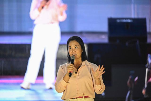 Peru’s presidential candidate for the Fuerza Popular party, Keiko Fujimori, delivers a speech during a campaign rally as part of Mother's Day celebrations in Lima on May 9, 2026. (Photo by Ernesto BENAVIDES / AFP)