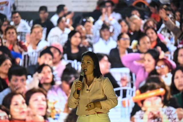 Peru’s presidential candidate for the Fuerza Popular party, Keiko Fujimori, delivers a speech during a campaign rally as part of Mother's Day celebrations in Lima on May 9, 2026. (Photo by Ernesto BENAVIDES / AFP)
