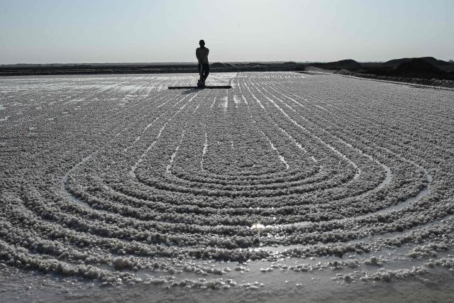 This photograph taken on April 29, 2026 shows a salt pan worker raking harvested salt at an alkali flat in the Little Rann of Kutch region in Gujarat. India faces challenging heatwaves each year, but few places endure conditions as searing as the country's western desert salt pans, where workers rely on simple techniques to survive almost unbearable temperatures. In Gujarat's Little Rann of Kutch summer temperatures routinely cross 45 degrees Celsius (113 Fahrenheit), and can climb to 4748C. Up to 50,000 workers spend eight months on the remote salt pans without electricity or healthcare, relying on a tanker to deliver drinking and washing water every 25 days. (Photo by Shammi MEHRA / AFP) / TO GO WITH 'India-Climate-Health' FOCUS