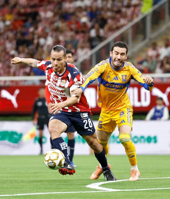 Guadalajara's midfielder #28 Fernando Gonzalez and Tigres' midfielder #06 Juan Pablo Vigon fight for the ball during the Liga MX Clausura quarter-finals second leg football match between Guadalajara and Tigres at Akron Stadium in Guadalajara, Jalisco state, Mexico on May 9, 2026. (Photo by ULISES RUIZ / AFP)