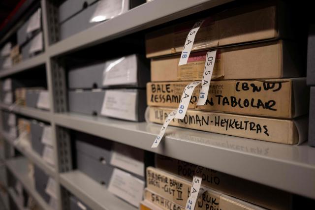 Turkish photojournalist Ara Guler's archives are stored in boxes at the Ara Guler Museum in Istanbul, on May 7, 2026. Frozen in time yet alive with all the glamour and spontaneity: all those moments are part of a newly opened exhibition featuring previously unseen photographs taken by Turkey's legendary photographer Ara Guler at the Cannes Film Festival between 1957 and 67. (Photo by Ozan KOSE / AFP)