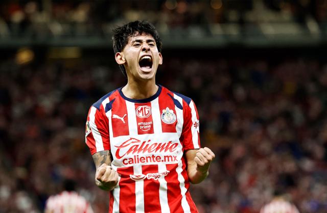 Guadalajara's midfielder #226 Santiago Sandoval celebrates after scoring during the Liga MX Clausura quarter-finals second leg football match between Guadalajara and Tigres at Akron Stadium in Guadalajara, Jalisco state, Mexico on May 9, 2026. (Photo by ULISES RUIZ / AFP)