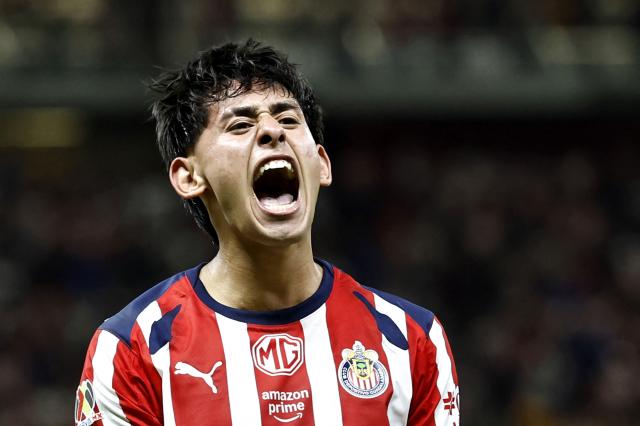 Guadalajara's midfielder #226 Santiago Sandoval celebrates after scoring during the Liga MX Clausura quarter-finals second leg football match between Guadalajara and Tigres at Akron Stadium in Guadalajara, Jalisco state, Mexico on May 9, 2026. (Photo by ULISES RUIZ / AFP)