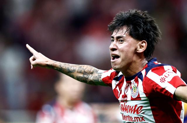 Guadalajara's midfielder #226 Santiago Sandoval celebrates after scoring during the Liga MX Clausura quarter-finals second leg football match between Guadalajara and Tigres at Akron Stadium in Guadalajara, Jalisco state, Mexico on May 9, 2026. (Photo by ULISES RUIZ / AFP)
