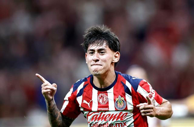 Guadalajara's midfielder #226 Santiago Sandoval celebrates after scoring during the Liga MX Clausura quarter-finals second leg football match between Guadalajara and Tigres at Akron Stadium in Guadalajara, Jalisco state, Mexico on May 9, 2026. (Photo by ULISES RUIZ / AFP)