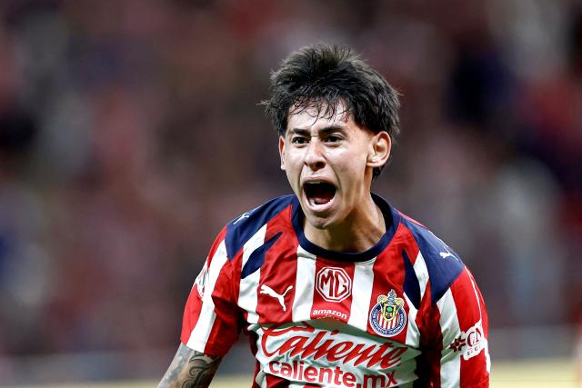Guadalajara's midfielder #226 Santiago Sandoval celebrates after scoring during the Liga MX Clausura quarter-finals second leg football match between Guadalajara and Tigres at Akron Stadium in Guadalajara, Jalisco state, Mexico on May 9, 2026. (Photo by ULISES RUIZ / AFP)