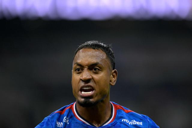 Cruz Azul's Colombian defender #04 Willer Ditta reacts during the Liga MX Clausura quarter-finals second leg football match between Cruz Azul and Atlas at Banorte Stadium in Mexico City on May 9, 2026. (Photo by Alfredo ESTRELLA / AFP)