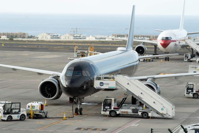 The plane to be used to repatriate Dutch and other nationals stands idle at the Tenerife Sur-Reina Sofia airport awaiting evacuees from the Dutch flagged hantavirus-stricken cruise ship MV Hondius which arrived at the industrial port of Granadilla de Abona on the island of Tenerife in Spain's Canary Islands on May 10, 2026. Repatriation flights for the nearly 150 passengers onboard the ship hit by a deadly hantavirus outbreak are planned to the United States, Britain, France,  and other countries, Spain's interior minister announced on Saturday. Most of the nearly 150 people on board will be transferred to shore on smaller vessels then by bus to the airport and then flown home after weeks at sea. (Photo by Antonio Sempere / AFP)