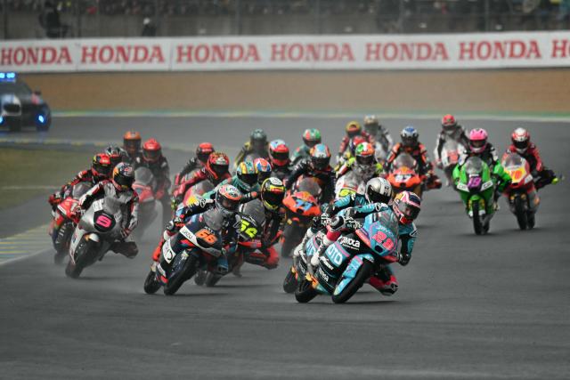 CF Moto Valresa Aspar Team's Spanish rider Maximo Quiles leads the pack at the start of the Moto3 race as part of the Moto GP Grand Prix of France at Le Mans, northwestern France, on May 10, 2026. (Photo by Loic VENANCE / AFP)