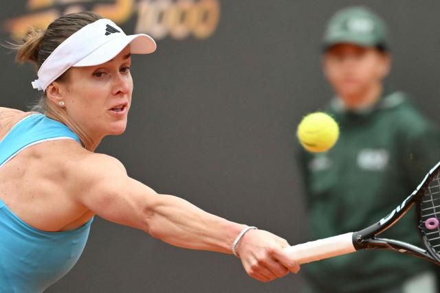Ukraine's Elina Svitolina hits a return to USA's Hailey Baptiste during the WTA Rome Open tennis tournament at Foro Italico in Rome on May 10, 2026. (Photo by Alberto PIZZOLI / AFP)