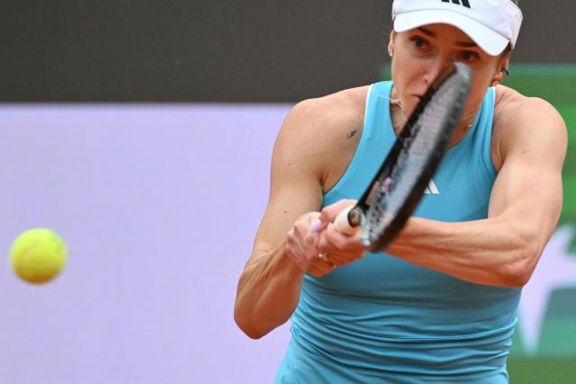 Ukraine's Elina Svitolina hits a return to USA's Hailey Baptiste during the WTA Rome Open tennis tournament at Foro Italico in Rome on May 10, 2026. (Photo by Alberto PIZZOLI / AFP)