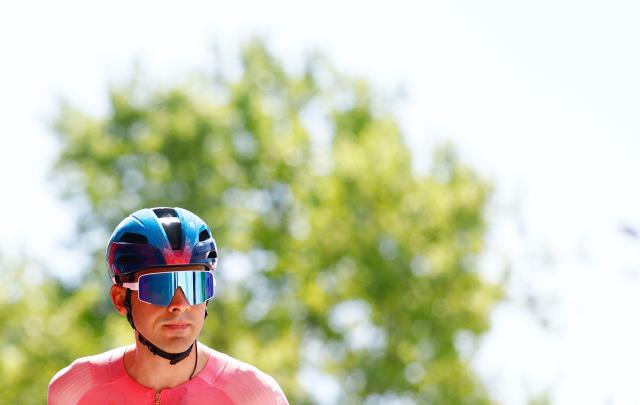 XDS Astana Team Uruguayan rider Guillermo Silva wearing the overall leader's pink jersey (Maglia Rosa) looks on during the presentation of the teams prior the 3nd stage of the Giro d'Italia 2026 - Tour of Italy cycling race between Plovdiv and Sofia, Bulgaria, on May 10, 2026. (Photo by Luca Bettini / AFP)