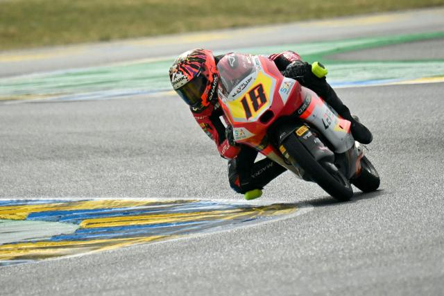 LEVELUP - MTA's Italian rider Matteo Bertelle corners during the Moto3 race as part of the Moto GP Grand Prix of France weekend at Le Mans, northwestern France, on May 10, 2026. (Photo by Loic VENANCE / AFP)